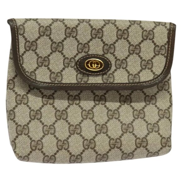 GUCCI GG Supreme Pouch PVC Beige Gold Auth BA3951 - Picture 1 of 16